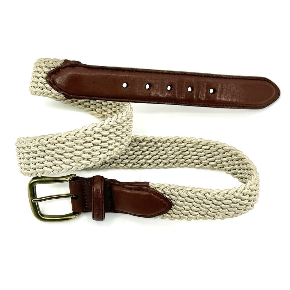 Vintage Lands End Belt Mens 32 Beige Braided Stretch Patina Leather Nautical USA